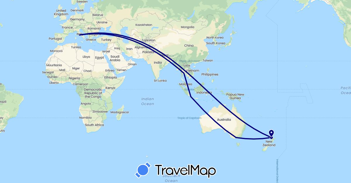 TravelMap itinerary: driving in Australia, Indonesia, Italy, New Zealand, Thailand (Asia, Europe, Oceania)