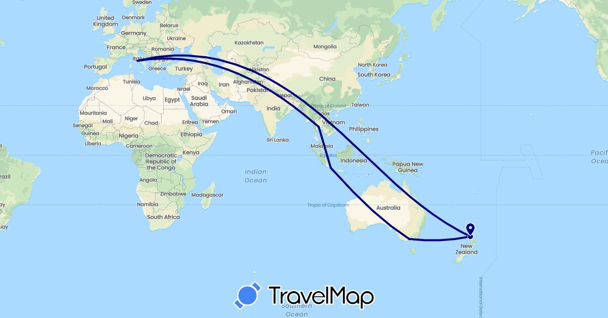 TravelMap itinerary: driving in Australia, Indonesia, Italy, New Zealand, Thailand (Asia, Europe, Oceania)